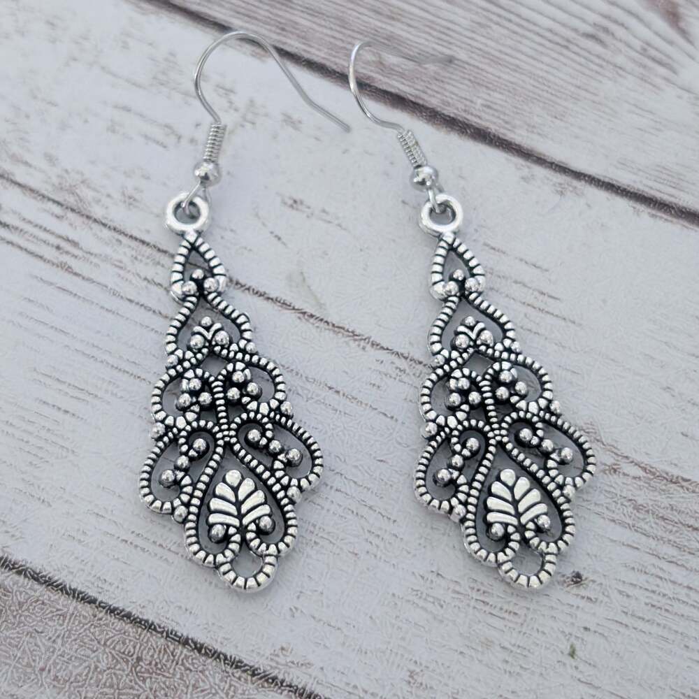 Silver Tone Ornate Hook Dangle Earrings